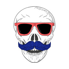 Skull with mustache and sunglasses. Vector illustration. Isolated object.