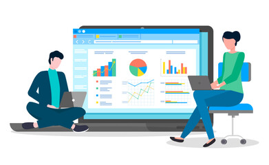 Teamwork business plan development. Project management and marketing planning strategy. Choosing way to attract customers. Woman and man with laptop office workers analyzes indicators on presentation