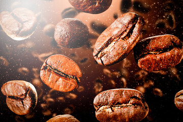 Freshly roasted coffee beans in close-up macro