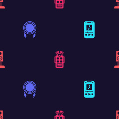 Set Music player, Audio jack, Microphone and Stereo speaker on seamless pattern. Vector.