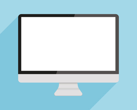 Realistic computer monitor, screen isolated on white background. Vector illustration. Computer display with blank white screen isolated on a gray background.