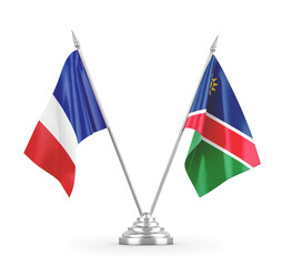 Namibia and France table flags isolated on white 3D rendering