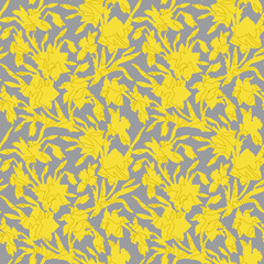 Yellow Illuminating hand drawn silhouettes of flowers Daffodils and leaves on Ultimate Gray background. Floral trendy seamless pattern with narcissus in full bloom for textile, wallpaper, bedding.