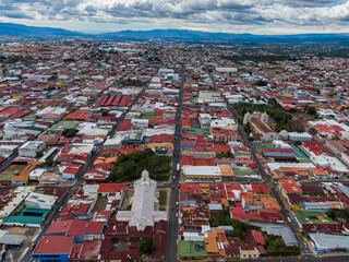 Beautiful Aerial view of the city of Heredia, its church and Park in Costa Rica