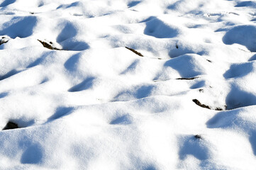 Close-up of a snow covered field. The snow looks like white sand dunes.