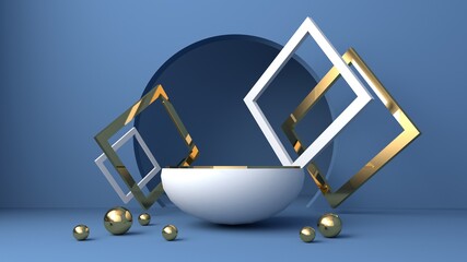 blue and gold pastel scene, minimal abstract background 3d rendering abstract geometric shape blue pastel, 3D stand pedestal background for show product