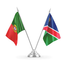 Namibia and Portugal table flags isolated on white 3D rendering