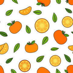 Tangerine orange and leaves, with black outline cartoon vector illustration over white background, seamless pattern