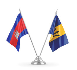 Barbados and Cambodia table flags isolated on white 3D rendering 