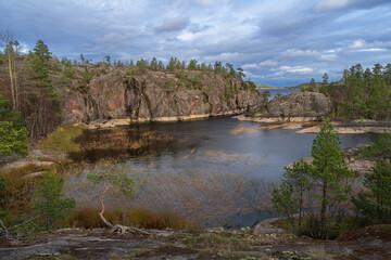 Fototapeta na wymiar Lake Ladoga and skerries in Russian Karelia in Northern Russia.