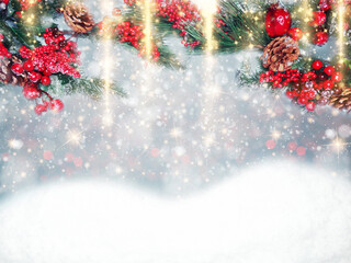 winter background with fir branches cones and snow