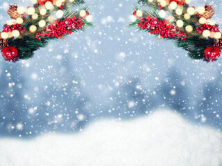 winter background with fir branches cones and snow