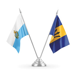 Barbados and San Marino table flags isolated on white 3D rendering