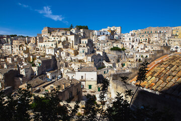 Naklejka premium Panoramic view of the ancient city unesco heritage Matera, southern Italy, Basilicata, Italy, Europe.