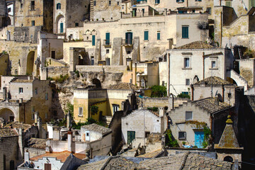 Fototapeta na wymiar View of the characteristic houses of the ancient stone city of Matera, southern Italy,Unesco heritage city and European capital 2018. Basilicata, Italy.