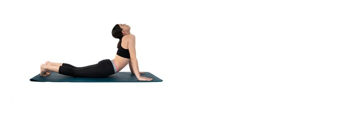 Young woman doing yoga practice isolated on white background. Flexible fit female body. Banner panoramic. Copy space for text message. High resolution sharp photo.