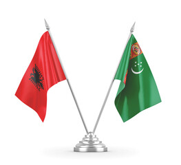 Turkmenistan and Albania table flags isolated on white 3D rendering 