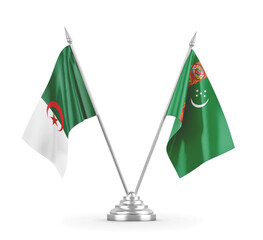 Turkmenistan and Algeria table flags isolated on white 3D rendering 