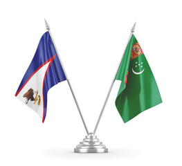 Turkmenistan and American Samoa table flags isolated on white 3D rendering