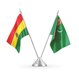 Turkmenistan and Bolivia table flags isolated on white 3D rendering 