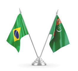 Turkmenistan and Brazil table flags isolated on white 3D rendering 