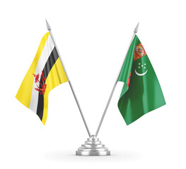 Turkmenistan and Brunei table flags isolated on white 3D rendering