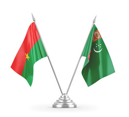 Turkmenistan and Burkina Faso table flags isolated on white 3D rendering 
