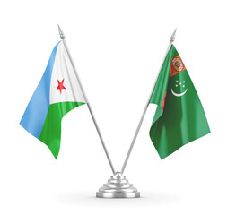 Turkmenistan and Djibouti table flags isolated on white 3D rendering