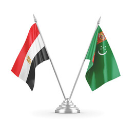 Turkmenistan and Egypt table flags isolated on white 3D rendering