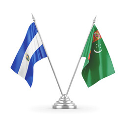 Turkmenistan and El Salvador table flags isolated on white 3D rendering