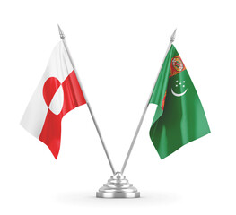 Turkmenistan and Greenland table flags isolated on white 3D rendering