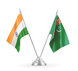 Turkmenistan and India table flags isolated on white 3D rendering