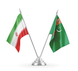 Turkmenistan and Iran table flags isolated on white 3D rendering