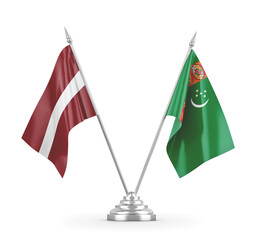 Turkmenistan and Latvia table flags isolated on white 3D rendering