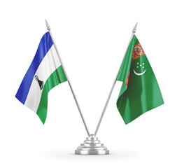 Turkmenistan and Lesotho table flags isolated on white 3D rendering