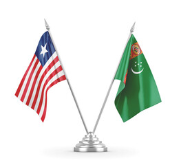 Turkmenistan and Liberia table flags isolated on white 3D rendering