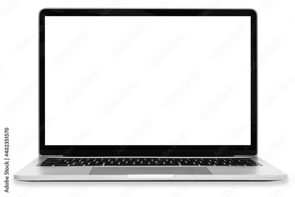 Sticker front view of a moder generic silver laptop with a blank white screen and isolated on a white backgr