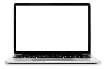 Front view of a moder generic silver laptop with a blank white screen and isolated on a white background with copy space (high details)