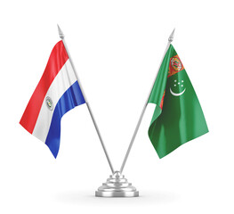 Turkmenistan and Paraguay table flags isolated on white 3D rendering