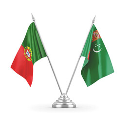 Turkmenistan and Portugal table flags isolated on white 3D rendering