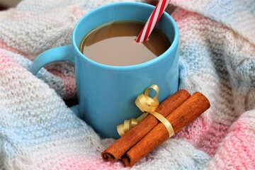 cup of coffee with sticks and cinnamon