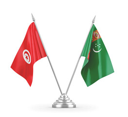 Turkmenistan and Tunisia table flags isolated on white 3D rendering
