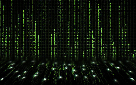 A 3d space inside a computer, with walls made of random symbols (labyrinth characters creating a matrix code rain, a popular sci-fi movie effect).
