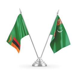 Turkmenistan and Zambia table flags isolated on white 3D rendering