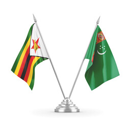 Turkmenistan and Zimbabwe table flags isolated on white 3D rendering