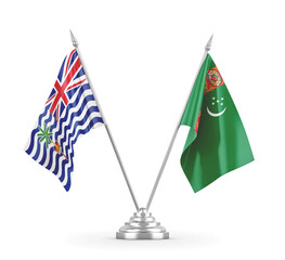 Turkmenistan and British Indian Territory table flags isolated on white