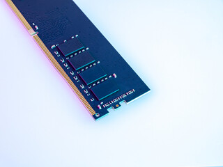 Latest-generation 16 GB RAM module for desktop computer, high throughput, random access memory, isolated on a white background, selective focus..