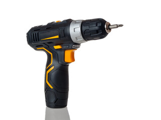 electric cordless screwdriver drill isolated on white background, professional home repair tool, hand power tool, copy space, mock up, design