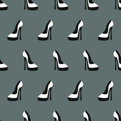 Ellegant fashilonable white high heeled women shoes on red background seamless pattern. Vector illustration.