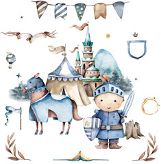 The brave cute little knight and the castle on the back with flowers. Hand drawn watercolor cartoon set for kid greeting card © Anna Terleeva